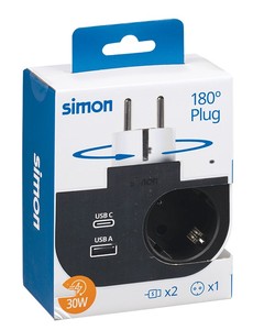 Rotating <b>adapter</b> 1 socket + <b>USB</b> and <b>USB</b>-C <b>Plug</b> III 16A 250V (Simon CL610310) - Product Image 1