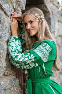 Vestido largo Midi largo de calidad superior para mujer, bordado ucraniano, Lino verde, estilo dulce, decoración de encaje a granel - Product Image 3