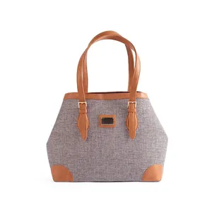 Bolso de mano grande informal Vintage bonito para mujer, bolso de lona OEM, decoración de Metal elegante, correas dobles ajustables, cierre de cuerda - Product Image 2