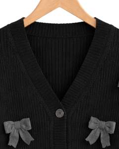 Manufacture Customized <b>Women</b> Black <b>Cropped</b> Knit <b>Cardigan</b> Sweater With Grey Bow Applique V Neck Button Front Cute Winter Fashion - Product Image 5