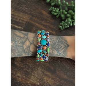 Vintage Navajo Multi-Stone & Sterling <b>Silver</b> Cluster <b>Cuff</b> <b>Bracelet</b> Fashion Jewelry - Product Image 2