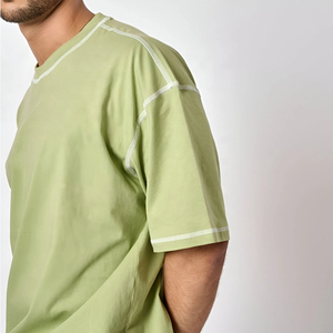 T-shirt Homme Oversize Uni à Manches Courtes Col Rond avec Bordure Contrastante en Coton Tricoté Vert – T-shirts Oversize pour Homme - Product Image 4