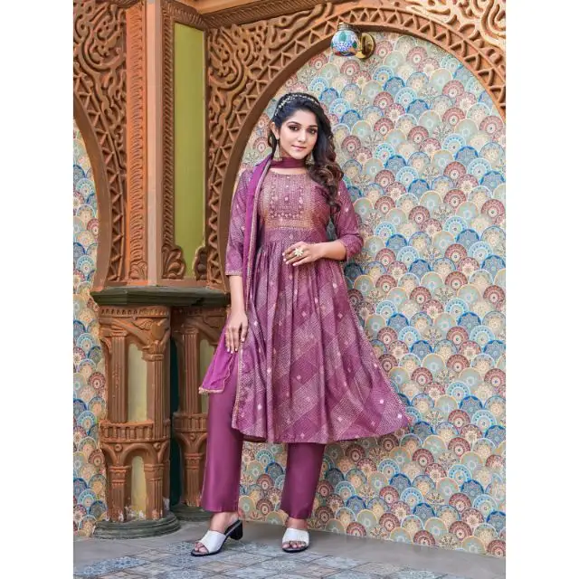 Trending Modern Style Wedding & Party Wear Premium Chanderi Foil Print Heavy Embroidery Work Kurti Pant With Dupatta Wholesale
