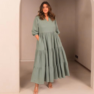 2025ชุดเดรสยาวคอปกตั้งทำจากผ้าเรยอน100% แขนยาวสไตล์โบฮีเมียนสำหรับผู้หญิงชุดเดรสยาวคอวีสำหรับวันหยุด - Product Image 1