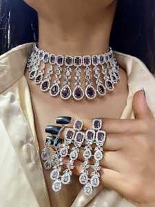 Hermoso conjunto de gargantilla de diamantes americanos con corte de estrella polaca de plata de diseñador con pendientes largos y Maang Tikka perfecto para ropa de fiesta - Product Image 5