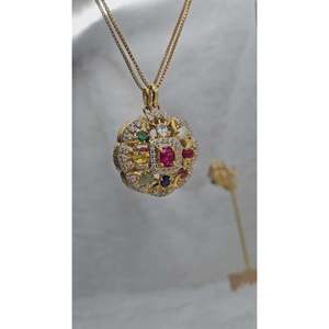 Navratna Pendant with <b>Ruby</b> Elegant Set Including Earrings - Product Image 5