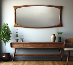 Espejo Art Deco asimétrico de pared de nogal Diseño moderno único de mediados de siglo Hecho a mano Ecológico Espesor personalizado Marco de madera - Product Image 1