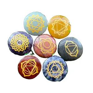 7 Chakra Round Shaped Engraved Set High Quality Natural Healing Crystal Chakra Stones Coin Set Metaphysical Wholesale Products