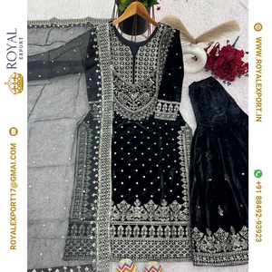 Présentant le velours de viscose lourd exclusif avec le fabricant de collections de costumes de broderie lourde par Royal Export à Surat Gujarat - Product Image 5
