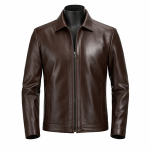 Chaqueta de Cuero PU Marrón Oscuro, Lisa, con Cierre, Chaqueta de Cuero Clásica Personalizada, Fabricante de Marca Privada OEM al por Mayor - Product Image 1