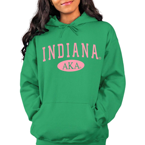Sudadera con Capucha AKA Indiana State, Color Verde Pakistán y Rosa, con Estampado Gráfico, Personalizada para Hermandades Griegas - Product Image 1