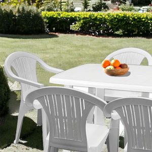 Set da pranzo ovale poltroncine in plastica bianca Set da 6 pezzi da tavolo Set da giardino foro centrale per ombrellone Design impilabile - Product Image 3