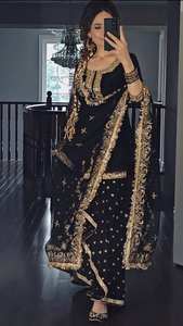 Shalwar Kameez Islámico Azul de Georgette Sintética, Completamente Cosido con Bordado Intenso, Tela para Vestidos de Mujer para Bodas y Fiestas - Product Image 3