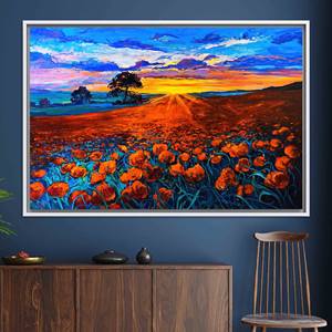 Impression sur toile Poppy Field Sunset : décoration murale moderne en verre trempé, toile encadrée blanche - Product Image 1