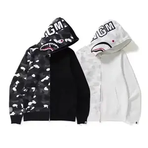 Venta al por mayor de alta calidad Heavy Fleece Shark Hoodie Unisex Full Zip Up Hoodies para hombres Sudadera con logotipo personalizado