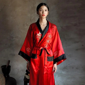 Reversible <b>Black</b> Red <b>Women</b> Satin Kimono Handmade Embroidery Dragon Nightgown <b>Robe</b> Gown Two Side Sleepwear - Product Image 5