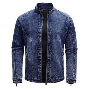 Men's 100% Cotton Slim Fit Moto Trucker Coat Zipper Winter Stand Collar Distressed Jean <b>Jacket</b> Featuring <b>Fleece</b> <b>Lining</b> - Product Image 1