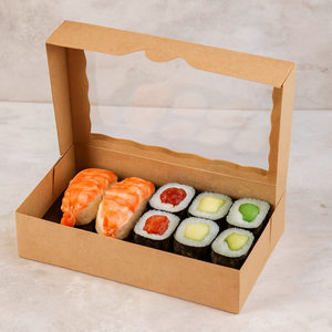 Boîte à sushi personnalisée en papier recyclé, impression couleur, résistante à la graisse, avec fermeture automatique, pelliculage mat et gaufrage - Product Image 3