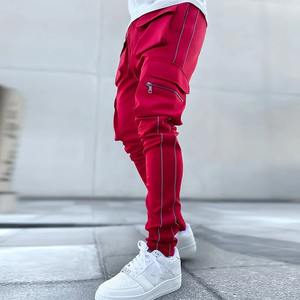 Pantalon de survêtement décontracté pour homme, style streetwear, avec bande réfléchissante, multi-poches, cargo empilé, taille mi-haute, teint en pièce - Product Image 3