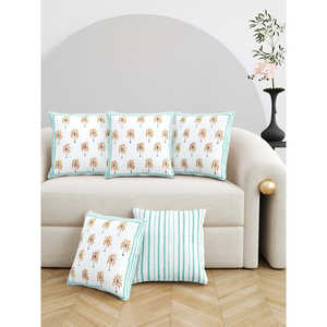 Hecho a mano Rajasthani bloque estampado verde amarillo Coco algodón funda de cojín 5 piezas Conjunto elegante fundas de almohada - Product Image 5