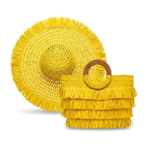 Chapeau souple en paille de raphia pour femme, broderie à la main, beige, à franges, pour la plage et les voyages estivaux - Product Image 1
