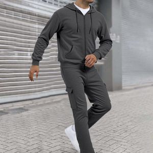 Conjunto de chándal con cremallera completa para hombre 2025 | Sudadera con capucha lisa de 2 piezas y joggers con cordón | Chándal de gimnasio de manga larga para Fitness y Yoga - Product Image 3