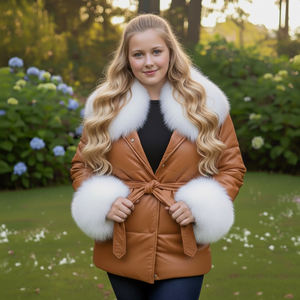 Veste en cuir matelassée pour femme avec motif à carreaux et fermeture éclair pour col en fourrure, vêtements d'extérieur d'hiver pour la rue - Product Image 1