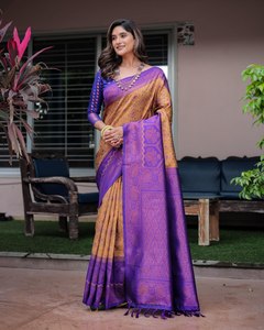 Marriage Function Special Premium Soft Banarasi Silk Fabric Two Tone Color Easy to Draped Low Budget Fancy Saree With <b>Stole</b> - Product Image 5