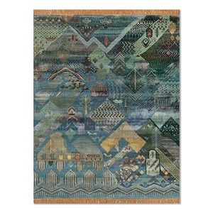 Tapis Manchaha bleu noué à la main en laine, soie de bambou et coton biologique, motif patchwork pour la maison, le salon, le couloir, en jute - Product Image 1