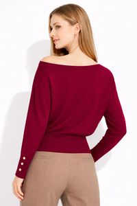 Pull en maille élégant pour femme à col bateau et manches chauve-souris - Haut ample côtelé chic avec poignets à boutons dorés - Product Image 5