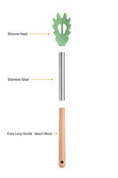 Serveur à pâtes en silicone et acier inoxydable avec manche en bois extra long, style Japandi esthétique, anti-adhésif