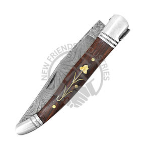 Couteau de poche pliable à pointe clip en acier damassé personnalisable manche en laiton bois de rose tulipe design pour bricolage extérieur supporté par OEM - Product Image 4