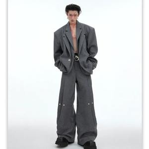 2024 corée haute rue mode mâle pantalon Niche pli conception ample décontracté jambe large tombante cuir pantalon bouton mouche toile - Product Image 4