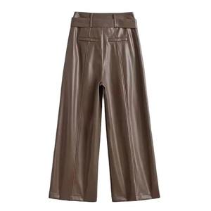 Pantalones de cuero Mujer Pantalones rectos de piel de oveja Primavera Otoño Cinturón de cintura alta Pantalón hasta el tobillo Pantalones casuales sueltos - Product Image 2