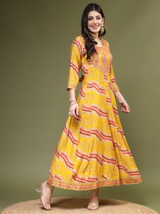 Kurti Anarkali en rayonne brodée couleur moutarde pour femme, coupe trapèze longueur genou, design magnifique, le plus vendu, idéal pour les occasions festives, vente en gros - Product Image 4