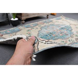 พรมตุรกีโบราณ4.4 x 8.1ft ฟ้าสีเบจปะต่อดีไซน์ทำด้วยมือผ้าขนสัตว์ยางรองสำหรับวัยรุ่นห้องนั่งเล่นห้องโถงสี่เหลี่ยมผืนผ้า - Product Image 3
