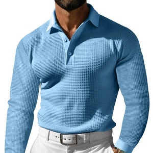 2025 Men's 100% Cotton Business Casual for Polo <b>Shirt</b> Solid Color Waffle Fabric Lapel <b>Button</b> Long Sleeve New Daily Simple - Product Image 2