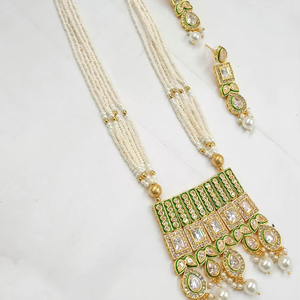 Elegante conjunto tradicional de collar y pendientes de tono dorado Kundan, joyería de aleación de lujo india para mujeres y niñas, Perla defectuosa - Product Image 1