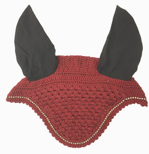 Velo antimoscas de ganchillo color granate con ribete de diamantes de imitación dorados, cubre orejas negros, gorro ecuestre hecho a mano, acolchado suave, de alta calidad para - Product Image 1