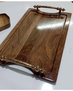 Plateau de service rectangulaire moderne en bois avec poignées métalliques décoratives, plateau de table basse ottoman en bois, plateau de luxe pour cuisine - Product Image 2