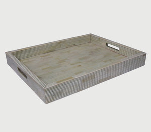 Plateau de service décoratif en os incrusté linéaire fait à la main, ton neutre naturel, motif rayé, plateau de table basse, plateau ottoman avec - Product Image 6
