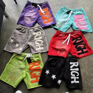 Custom Drawstring Cotton French Terry Distressed Embroidered Raw Hem Ripped Cut Heavyweight Oversized Acid Wash <b>Sweat</b> <b>Shorts</b> <b>Men</b> - Product Image 2