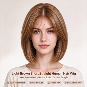 Light Brown Short Straight Human Hair <b>Wig</b> Bob Bobo Hairpiece Natural Scalp Middle Part for Women - Product Image 1