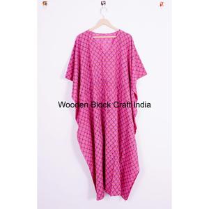 Vestido Kaftán Bohemio Indio 100% Algodón con Encaje Floral y Estampados a Cuadros, Diseño Sencillo - Ropa de Noche de Verano para Mujer, Regalo - Product Image 6