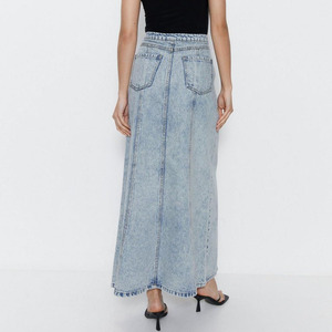 Promotional High Waist Zipper Closure Full Fluted Maxi Denim <strong>Skirt</strong> <strong>For</strong> Women's With Back Pockets &amp; Casual Wear Light Wash <strong>Skirt</strong> - Product Image 6