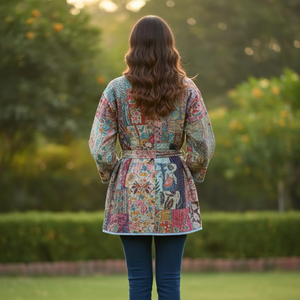 Kimono Stone Wash Kantha 100% coton imprimé court pour femmes, style décontracté taille mi-haute, poches, ceinture pour la mode automne-hiver - Product Image 3