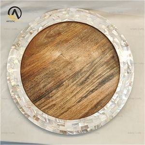 Bandeja Redonda de Diseño Geométrico Hecha a Mano Ecológica Desechable PARA LA Decoración del Hogar-para Ramadán Madre de Perla y Madera de Mango - Product Image 5