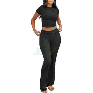Ensemble de yoga unisexe 2 pièces : Leggings évasés et hauts – Tenue décontractée pour la maison, la gym, le fitness, le sport et les loisirs – Brodé, vintage, uni, 100 % coton - Product Image 1