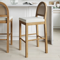 Tabouret de bar rembourré Japandi écologique avec dossier, structure en bois massif, rotin naturel, tabouret de cuisine pour appartement et restaurants
