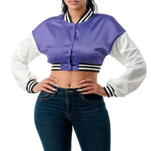 Chaqueta corta de algodón Letterman Varsity de invierno 2025 para mujer, forro polar acolchado, Mangas de cuero genuino, tejido estampado personalizado - Product Image 6